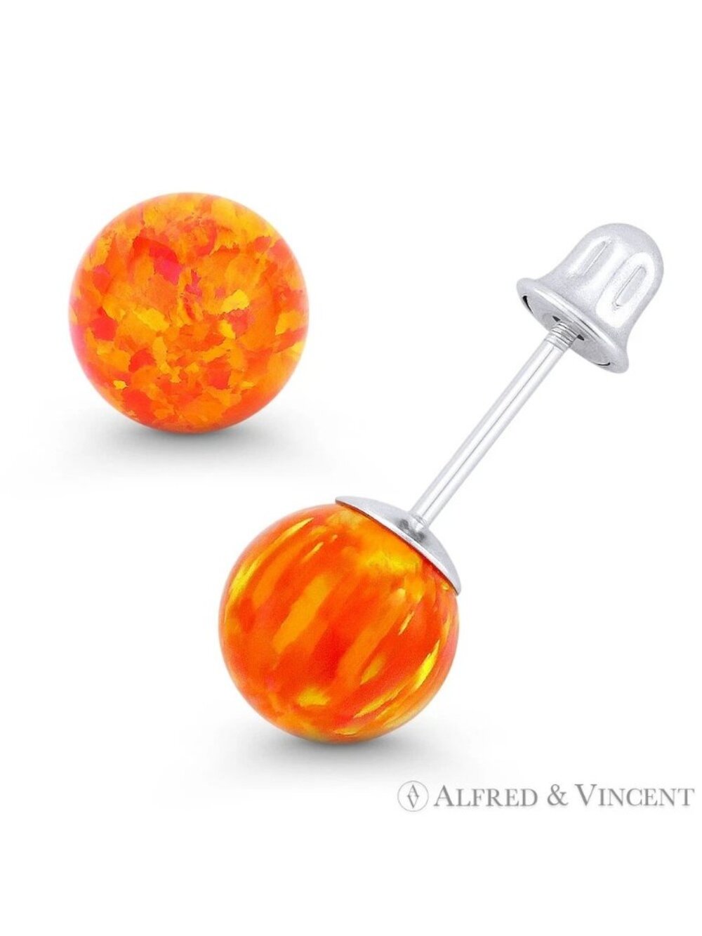 Fiery Orange & Red Synthetic Opal Ball Screwback Stud Earrings in 14k White Gold